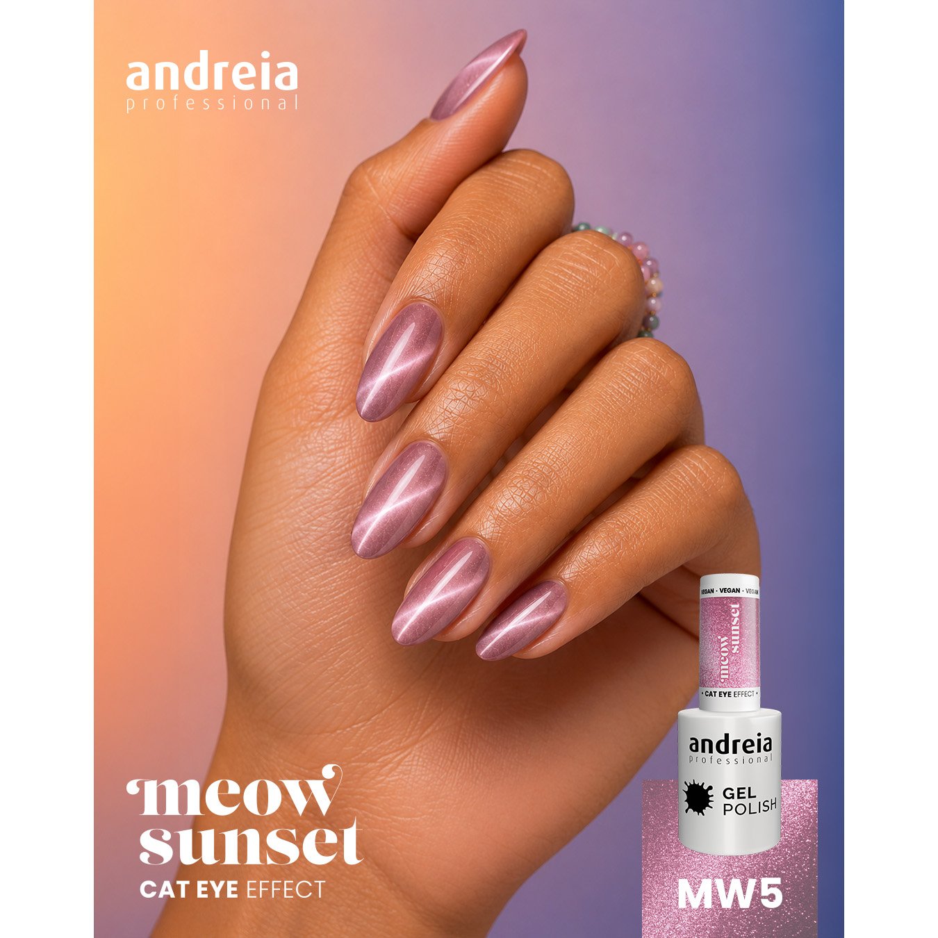 Andreia Professional Gel Polish Cat Eye Effect - Meow Sunset - MW5 Magnetic Light Pink Glitter with Silver Shimmer - Image 2