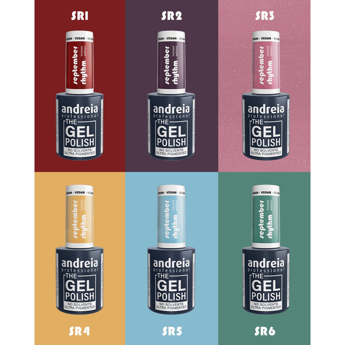 Andreia Professional - The Gel Polish - Solvent Free Gel - September Rhythm Ltd Collection - All 6 Colours + Free Mini Tabletop display