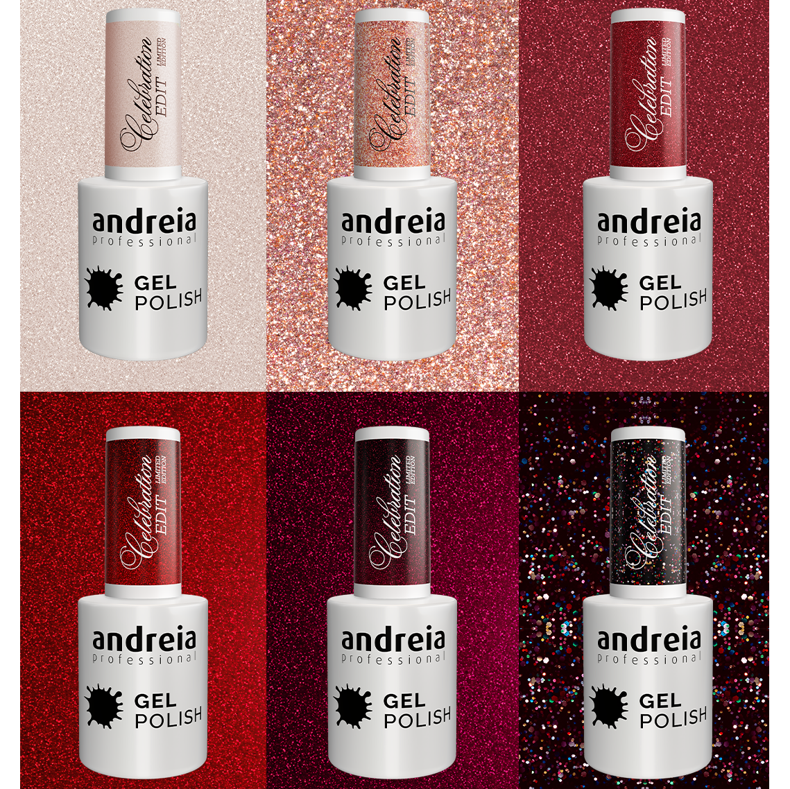 Andreia Professional Gel Polish - Celebration Edit Limited Collection - Set of 6 Colours + Free Mini Stand